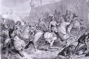 Die Einnahme von Calais durch Franz, 2. Herzog von Guise (1519-63) im Jahr 1558, gestochen von Amedee Felix Barthelemy Geilee von Francois Edouard (after) Picot