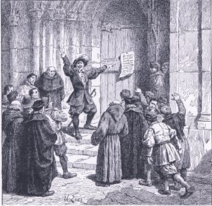 Robert Aske befestigt seine Proklamation an der Tür der York Minster, aus Cassells Geschichte des britischen Volkes, veröffentlicht von der Waverley Book Company, ca. 1950er Jahre