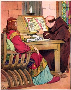 Der König der Franken Karl der Große (742-814) spricht mit Alkuin (731-804), englischer Mönch aus York, Vorreiter der Schulreform, Aachen 782