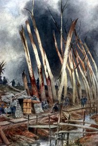 Die Offensive bei Yser (1917). Französische Linie in der Nähe von Het-Sas kurz vor dem 31. Juli. Soldaten warten auf Befehle unter Bäumen, die durch das Feuer früherer Gefechte zerstört wurden. Nach einem Gemälde von Francois Flameng (1856-1923) Franzose. von Francois Flameng