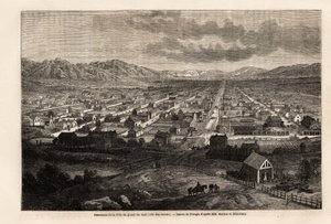 Panorama der Stadt des großen schmutzigen Sees, Zitat der Heiligen (Utah), Zeichnung von Ferogio, zur Illustration von Richard Burtons Reise in die Stadt der Heiligen, Hauptstadt des Landes der Mormonen, 1860. Gravur in „Le tour du monde“, herausgegeben v