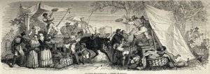 Der Verkauf von Wassermelonen, Zeichnung von Ferogio, zur Illustration von Neapel und den Neapolitanern, 1861, von Marc Monnier (1829-1885). Gravur in „Le tour du monde“ 1861. Sammlung Selva