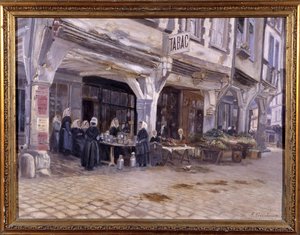 Markt unter den Arkaden in Dinan - von F. Gombeaux, Ende des 19. Jahrhunderts