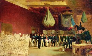Die Kammer der Deputierten überreicht dem Herzog von Orleans, Louis Philippe I. (1773-1850), das Gesetz, das ihn auf den Thron ruft, und die Charta von 1830 im Königspalast, 7. August 1830