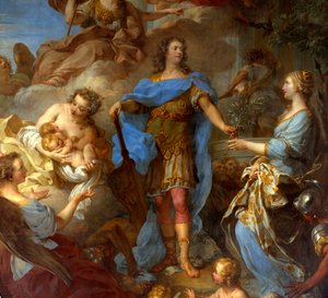 Detail von „König Ludwig XV. (1710-1774) bringt Europa Frieden“ Allegorie zur Zeit des Vertrags von Sevilla, die Göttin Minerva ist dargestellt von François Lemoyne