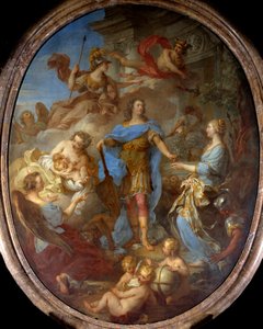 König Ludwig XV. (1710-1774) bringt Europa Frieden. Allegorie zur Zeit des Vertrags von Sevilla, die Göttin Minerva ist dargestellt. Gemälde von Francois le Moyne (1729)
