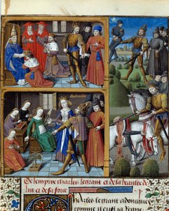 Szenen aus dem Leben des Königs der Franken Karl der Große (742-814). Miniatur aus dem Manuskript „Speculum historiale“ (Le Miroir historial) von Vincent de Beauvais (1184/94-1264), illuminiert von Meister François (15. Jahrhundert). Chantilly, Condé