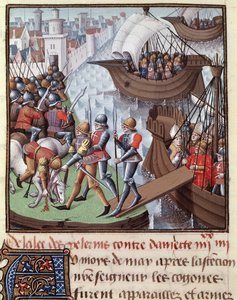 Siebter Kreuzzug: die Flotte der Kreuzfahrer unter der Führung von Saint Louis von Damiette im Jahr 1249. Miniatur aus dem Manuskript „Le Miroir historial de Vincent de Beauvais“, Band III des Meisters François (15. Jahrhundert). Fol.418r. Musée Condé, Cha