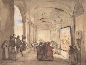 Ein Kardinal untersucht ein Gemälde in einem Kloster, erste Hälfte des 19. Jahrhunderts von Francois Marius Granet