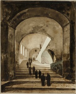 Mönche auf der Treppe der Villa des Maecenas in Tivoli