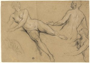 Blatt mit Studien: Drei Frauen und eine Hand (recto); Skizzen von männlichen Akten, Köpfen und Hand (verso)