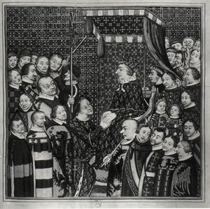 Louis II. (1337-1410), Graf von Clement, huldigt Karl V. (1338-80) Kopie einer Miniatur aus dem 14. Jahrhundert von Francois Roger de Gaignieres