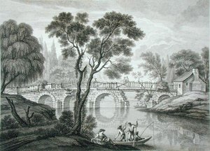 Entwurf für eine ruinöse Brücke für den Garten im Syon House, veröffentlicht 1778 von Francois Vivarez