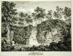 Ansicht eines Wasserfalls im Bolton Park, Craven, Yorkshire, veröffentlicht 1753 (Stich) von Francois Vivarez