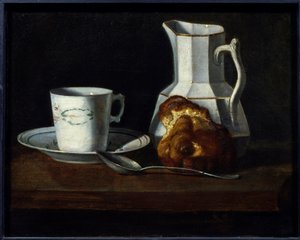 Stillleben mit Brioche, Tasse, Milchkrug und Brioche