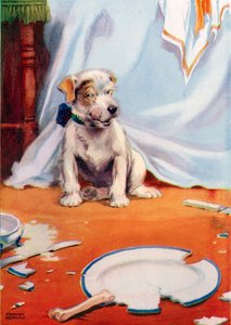 Hund mit zerbrochenem Teller (Farblithografie) von Frank Adams