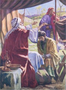 Jakob erhält den Segen, aus dem Bibelbilderbuch, veröffentlicht von Thomas Nelson, ca. 1950 (Farblithografie)