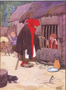 Die alte Frau sperrte Hänsel in einen Stall, aus Hänsel und Gretel, veröffentlicht von Blackie & Son Limited, ca. 1940