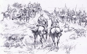 Bullers Kavallerie und Artillerie rücken auf Bergendal vor, Illustration aus After Pretoria: Der Guerillakrieg, 1902