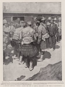 Beerdigung eines Highland-Häuptlings, die Leiche von General Wauchope wird in den Zug in Magersfontein gelegt