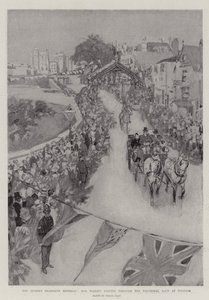 Der achtzigste Geburtstag der Königin, Ihre Majestät fährt durch den Triumphbogen in Windsor