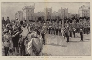 Ihre Majestät überreicht eine Staatsfahne an die Scots Guards im Windsor Castle, Drei Hochs auf die Königin