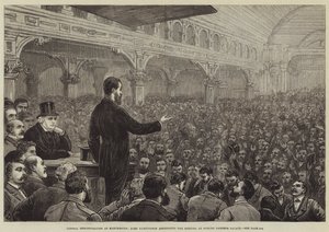 Liberale Demonstration in Manchester, Lord Hartington spricht bei der Versammlung im Pomona Gardens Palace von Frank Dadd