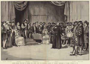 Luther vor dem Reichstag zu Worms, 1521, Szene aus dem historischen Drama von Luther, aufgeführt in Worms, 30. Oktober 1883