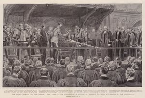 Die Huldigung der Stadt an den Sirdar, der Lord Mayor überreicht Lord Kitchener ein Ehrenschwert in der Guildhall von Frank Dadd