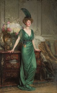 Porträt der ehrenwerten Mrs. Ernest Guinness, stehend, in einem smaragdgrünen Kleid und Feder, 1912 von Frank Dicksee