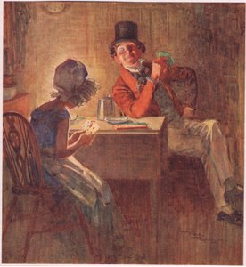 Die Marquise hielt ihre Karten sehr fest in beiden Händen und überlegte, welche sie spielen sollte, ca. 1920 (Farblithografie)