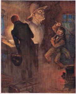 Der Zwerg warf die Zeitung hinunter, aus der er die bereits zitierten Worte gesungen hatte, und ergriff eine rostige Eisenstange, ca. 1920 von Frank Reynolds