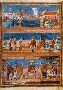 Heiliger Hieronymus verlässt Rom und bezahlt seinen Lehrer in Jerusalem (oben), arbeitet mit seinen Schreibern (Mitte) und verteilt die Vulgata (unten). Miniatur in „Erste Bibel von Karl dem Kahlen, auch bekannt als Bibel von Vivien“ (Folio 3v), 845-846. B von Frankish School