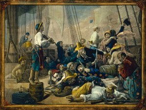 Piraten in Frauenkleidern versuchen, ein Handelsschiff zu täuschen von François Auguste Biard