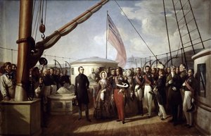 Königin Victoria empfängt König Louis Philippe I. an Bord der königlichen Yacht von François Auguste Biard