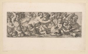 Bacchus mit Satyr, Nereide und Putti im Wasser. Mythologische Figuren am Wasser