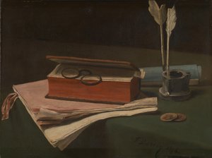 Stillleben mit Buch, Papieren und Tintenfass, 1876
