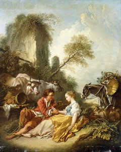 Eine pastorale Landschaft mit einem Hirten und einer Hirtin, die bei Ruinen sitzen
