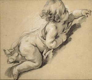 Ein Putto, der sich nach rechts lehnt von François Boucher