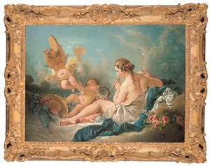 Eine liegende Nymphe, die Flöte spielt, mit Putti, vielleicht die Muse Euterpe, 1752 von François Boucher