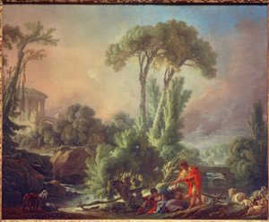 Flusslandschaft mit antikem Tempel