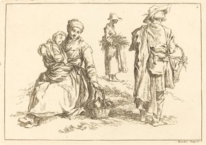Sitzende Mutter und Kind, zwei stehende Bauern