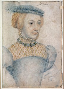 Porträt von Anne de Pisseleu, Ehefrau von Louis de Coesmes, Herr von Lucé (1520 -?). Zeichnung mit schwarzem Stein und Blut von Francois Clouet (1515-1572)