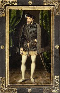 Porträt von Heinrich II (1519-1559), Sohn von Franz I. und Claude de France, König von Frankreich von 1547 bis 1559, Gemälde aus der Werkstatt von François Clouet, um 1520-1572, verkleinerte Version des lebensgroßen Porträts von François Clouet. Fotografie von François Clouet