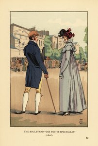 Modisches Paar schlendert auf dem Boulevard du Temple, Paris. Der Boulevard des Petits Spectacles von François Courboin