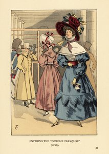 Modische Frauen bei einem Theaterstück, Paris. Frau mit großem Hut mit Bändern, Kleid mit hohem Kragen, Spitzenumhang oder Pelerine und weiten Ärmeln en beret. Eintritt in die Comedie Francaise