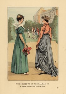 Modische Frauen genießen die Freuden des Château de Malmaison. Ein Spaziergang durch den Park im Jahr 1804. Handkolorierte Lithographie von R.V. nach einer Illustration von Francois Courboin aus Octave Uzannes Mode in Paris, William Heinemann, London