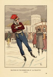 Lanzenträger und Herren beim Schlittschuhlaufen auf dem Bassin de la Villette, Paris