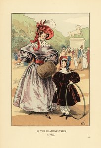 Frau und Kind mit Reifen spielen im Park. In den Champs Elysees von François Courboin