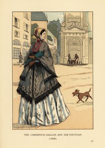Frau vor dem Brunnen am Place Gaillon, Paris. Sie trägt einen Kaschmirschal mit Armlöchern, genannt la visite, über ihrer Krinoline. Der Carrefour Gaillon und der Brunnen von François Courboin
